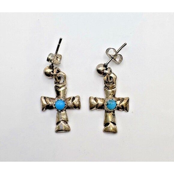 Vintage Sterling Silver Native American Turquoise Cross Earrings Not Polished - Picture 1 of 9